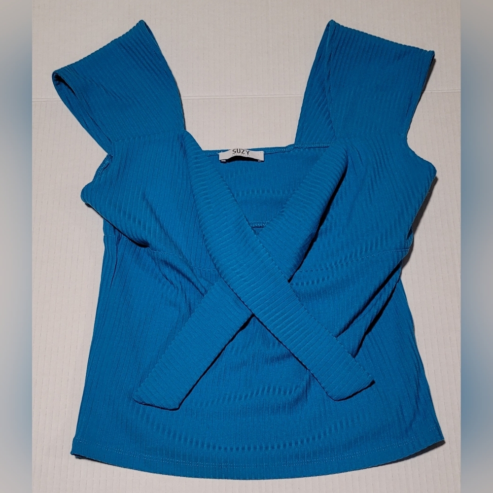Suzy ~ Blue Ribbed Tie-Front Top Medium